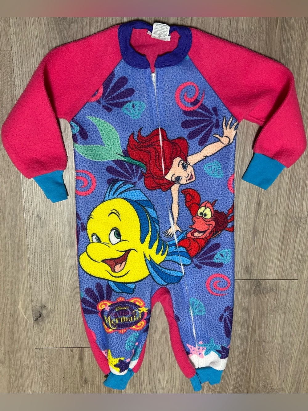 Vintage Disney Little Mermaid Pink, Blue & Purple Fleece Onesie pajama 3T